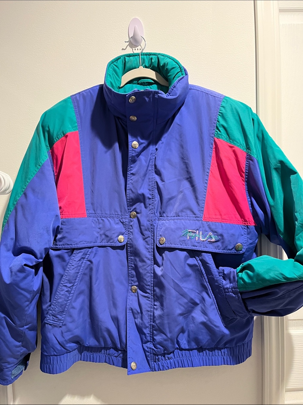 Vintage Fila Colorblock Puffer Jacket in Teal, Purple & Pink